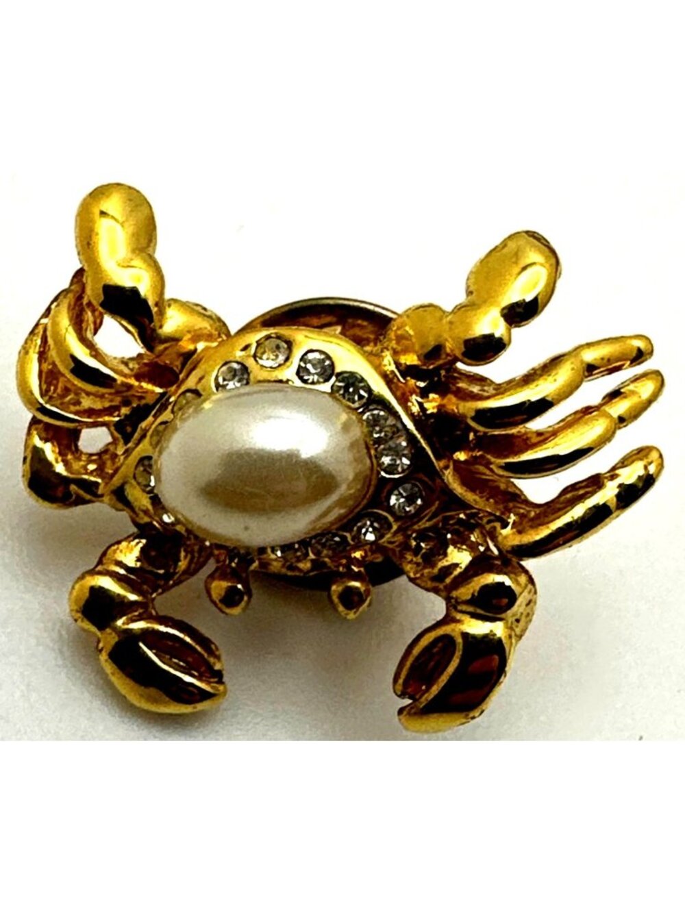 Whimsical Crab Lapel Pin Vintage Zodiac Rhinestones Faux Pearl Belly Summer Fest
